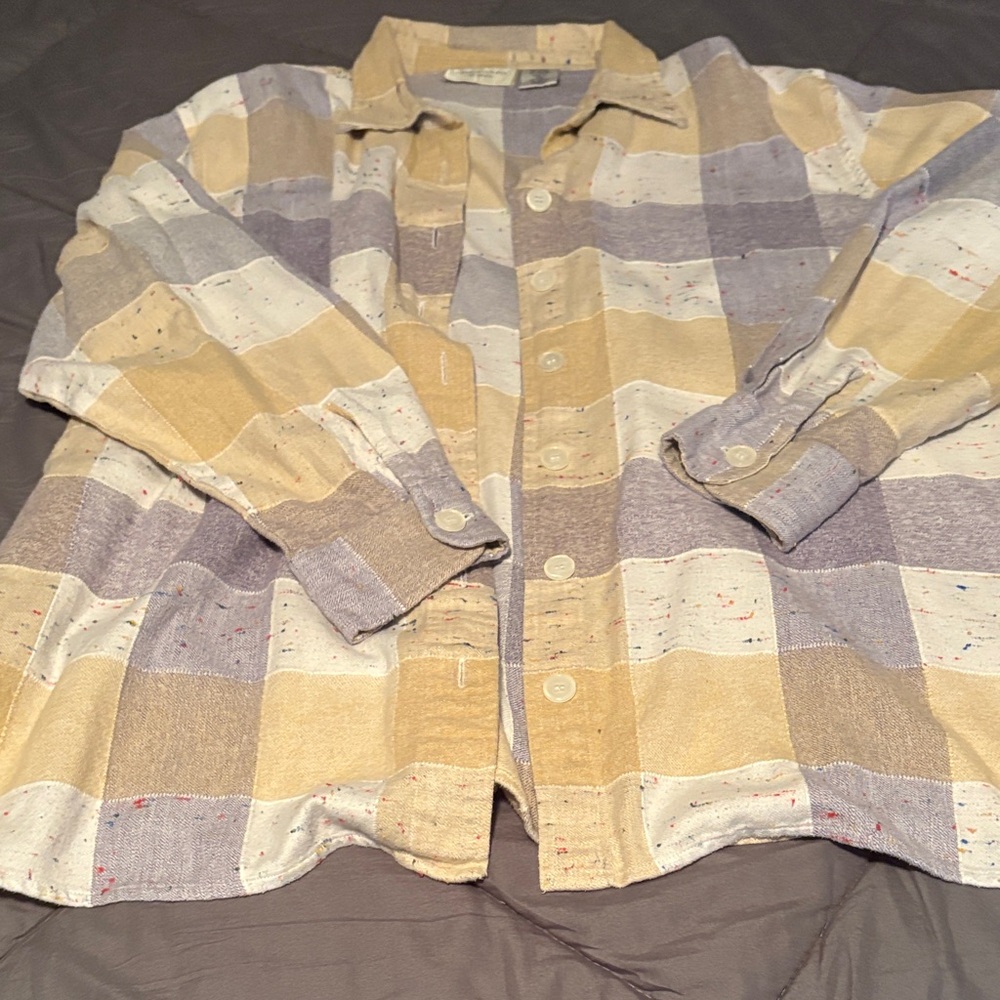 Women's Beige and Gray Plaid Button Down Shirt